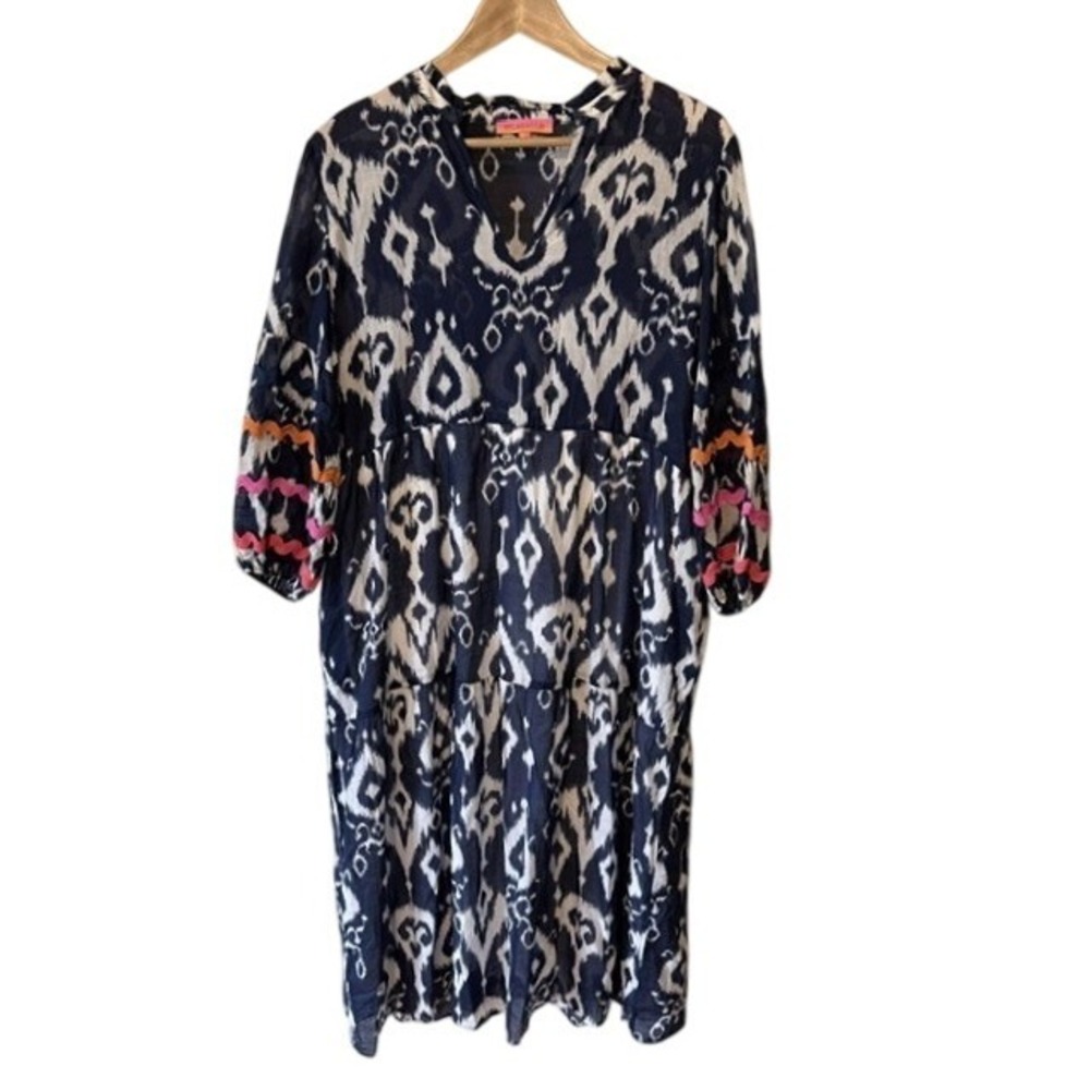 Vilagallo Navy Tammy Ikat Print Tiered Midi Dress Rickrack Trim Split Neck L - Picture 6 of 10